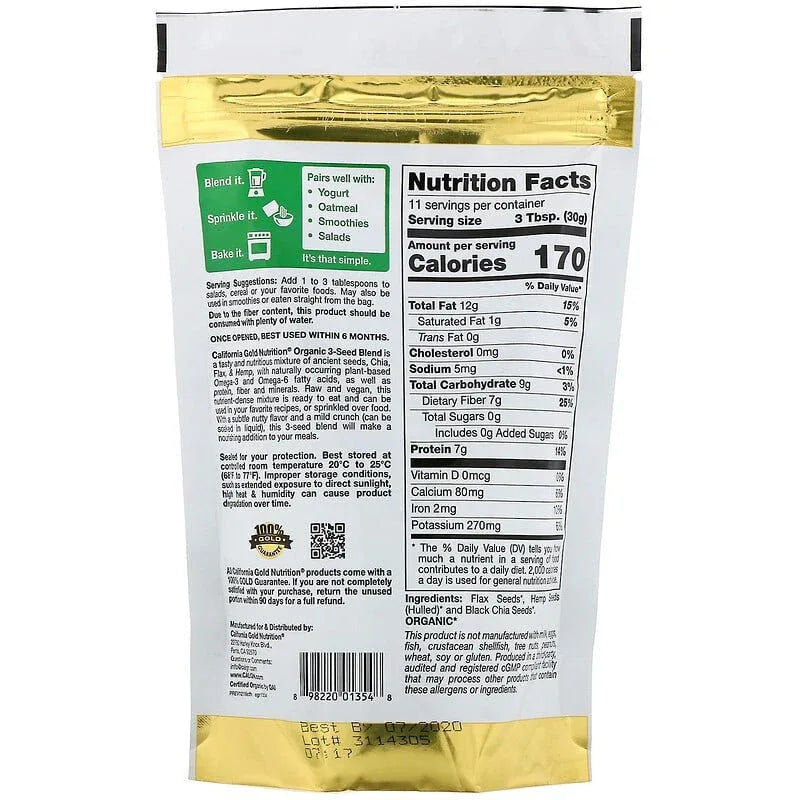 California Gold Nutrition, Organic 3-Seed Blend, Plant-based Omegas, with Ancient Seeds of Chia, Hemp and Flax, 12 oz (340 g) - USA MEGA SHOP