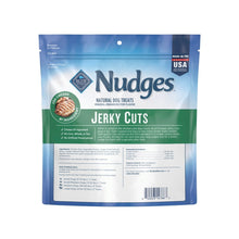 Blue Nudges Jerky Cuts chicken dog treat bag, back with nutrition panel