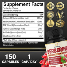 Berberine supplement facts label on back of dietary supplement bottle, 150 capsules