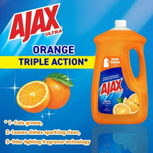 Ajax Ultra orange triple action dishwashing liquid bottle, orange-scent formula