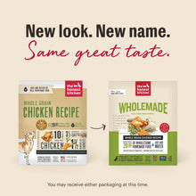 Dehydrated dog food packaging, Wholemade chicken recipe shown with front and back