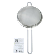 6-inch stainless steel fine mesh strainer with tag and straight silver handle grips