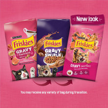 Three Purina Friskies Gravy Swirlers dry cat food bags arranged together