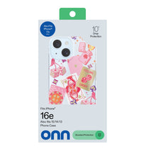 onn phone case retail box with pink Vegas card and dice pattern artwork