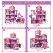 Pink dollhouse playset shown in four assembly modes with doll figures