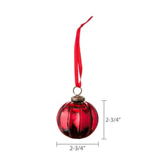Single red glass ball ornament with red ribbon and bronze cap, 2-3/4 in size