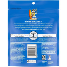 Cat treat pouch back label with Surfer's Delight details, nutrition and feeding