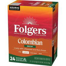 Folgers Colombian decaf coffee K-Cup box, 24 count, medium roast, front view