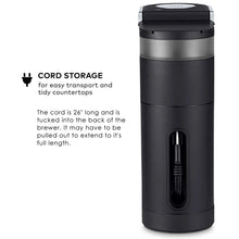 Black Keurig K-Mini single serve coffee maker showing cord storage area