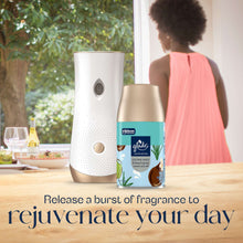 Glade plug-in fragrance device and coconut water & beach grass refill canister on table