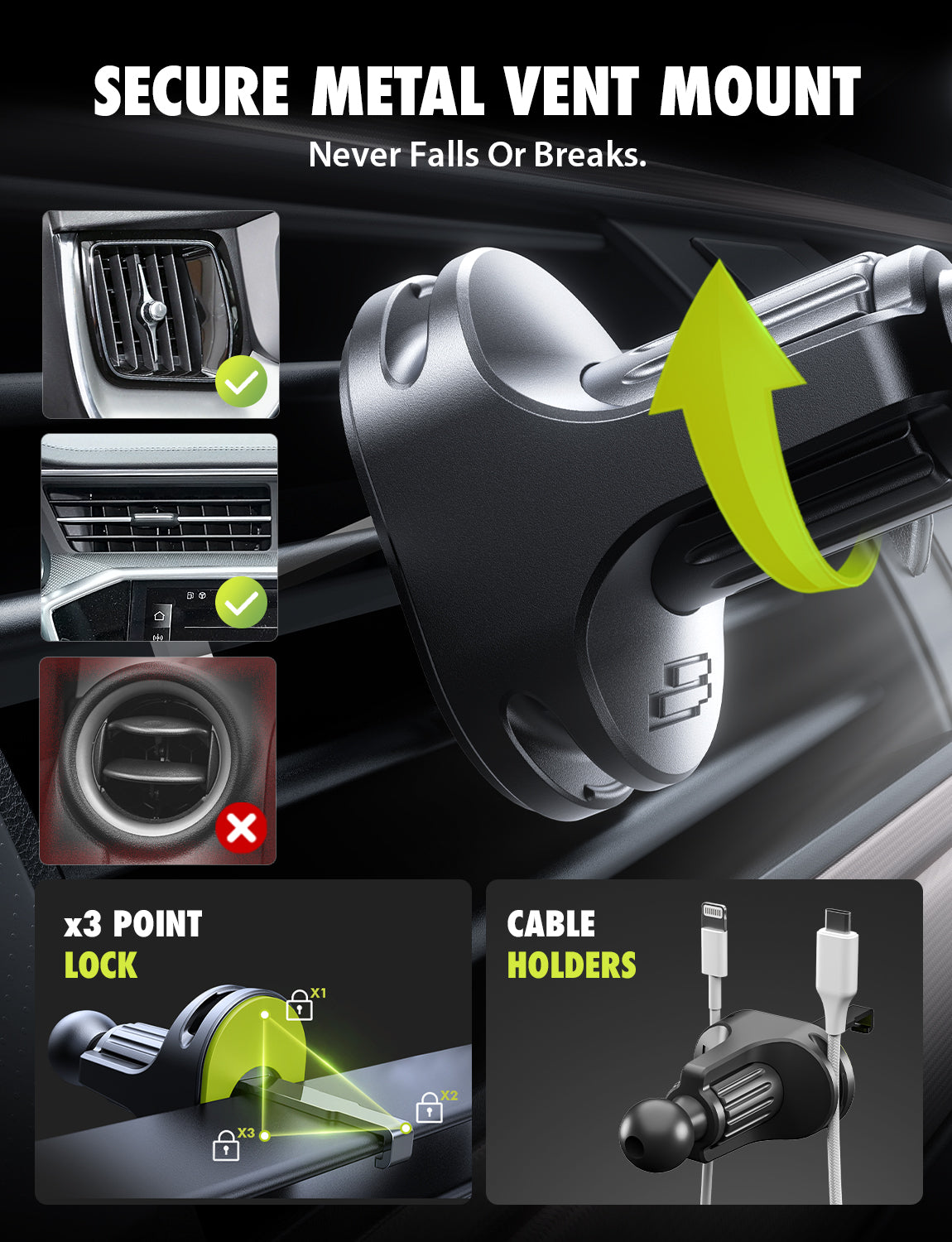 Bracketron OneClick 3-in-1 Car Phone Mount for Dashboard, Windshield & Vent with 7” Flexible Gooseneck, One-Handed Click Grip, 360° Rotation, TemperBond Suction