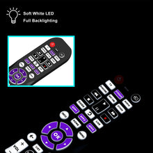 onn. universal remote with purple backlit arrow buttons and glowing key labels