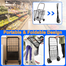 Black folding shopping cart with wire basket and portable foldable frame