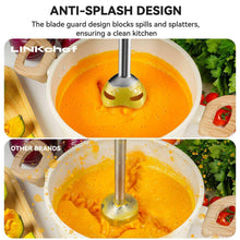 Immersion blender blade in a mixing bowl, showing anti-splash guard