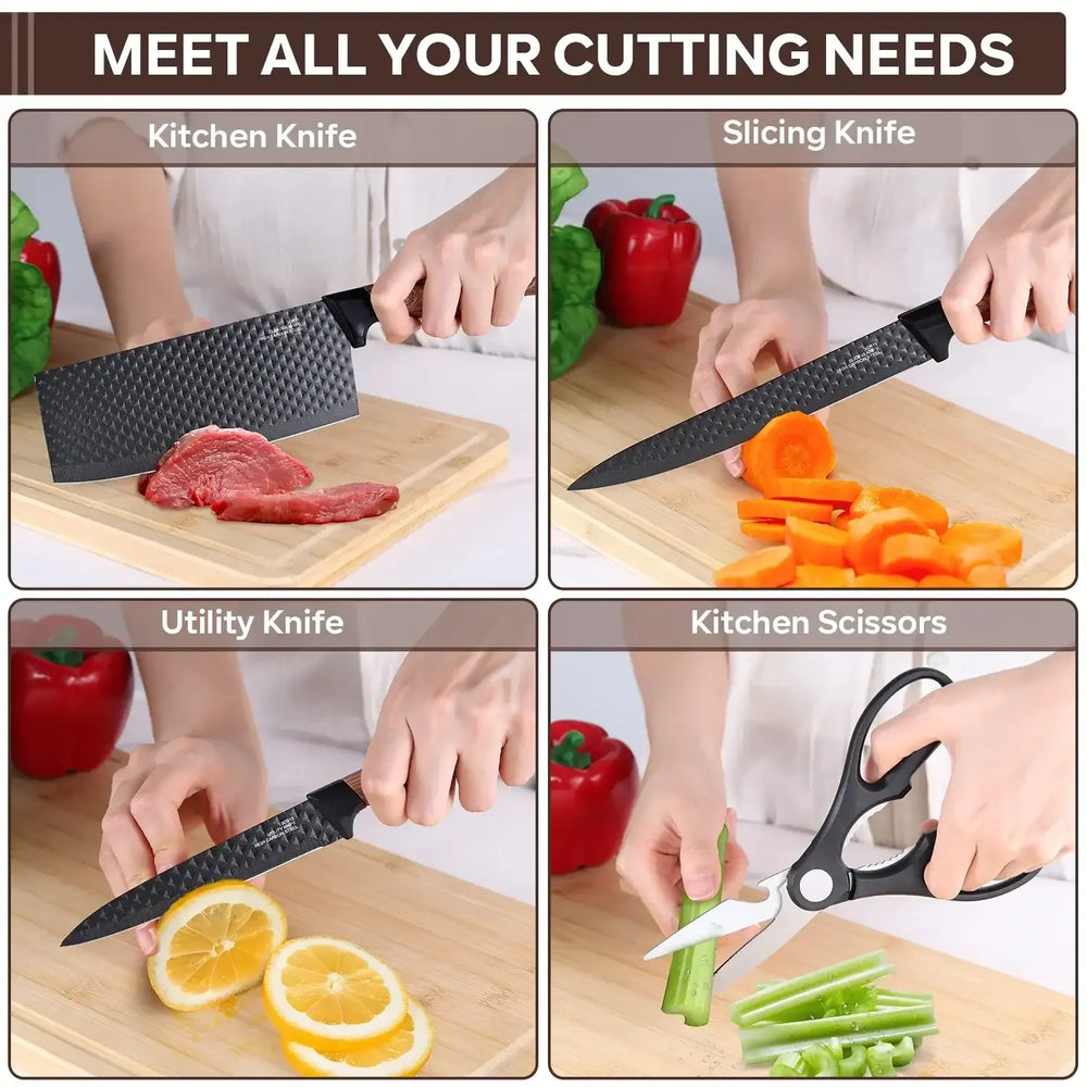 Vesteel Kitchen Knife Set of 7, Professional Stainless Steel Knives Set for Kitchen with Universal Knife Block - Khaki - USA MEGA SHOP