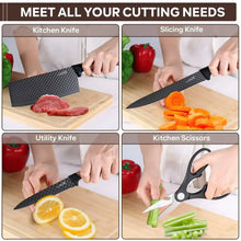 Assorted kitchen knives set with kitchen scissors and slicing/utility blades