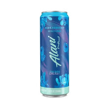 Alani Energy Breezeberry 16 oz slim can with blue purple fruit graphics