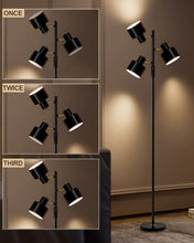 Black 3-head floor lamp showing multi-angle spotlight positions
