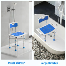 Blue shower chair in bathroom corner, perforated seat with back support