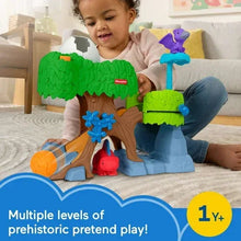 Toddler toy play with dinosaur hatch and slide playset, green tree and blue cave