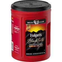Red Folgers Black Silk ground coffee canister with barcode and black lid