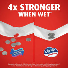 Charmin Ultra Strong toilet paper rolls on a package display, white tissue with blue logo