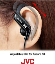 White clip-style earbuds with black earbud tips and adjustable earhook