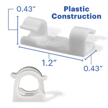 White plastic adhesive cable management clip with size measurements shown.