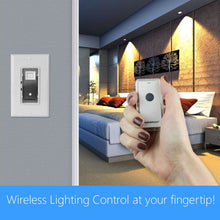 White wall switch with snap-on remote held in hand for wireless lighting control.