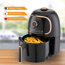 Brentwood 2-quart air fryer with open basket, black body and copper accent handle