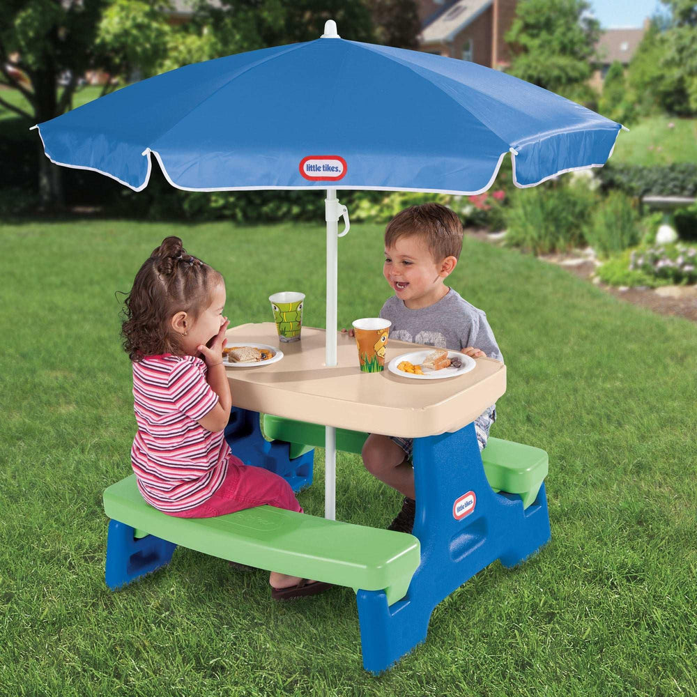 Little Tikes Outdoor Portable Kids Picnic Table with Umbrella, Blue Green, Ages 2+ - USA MEGA SHOP
