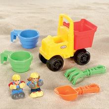 Toy digger accessories set with yellow-red dump truck, green tools, buckets