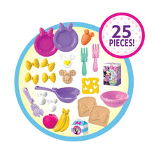 Pink Minnie Mouse pretend food bucket with purple and pink plastic kitchen accessories