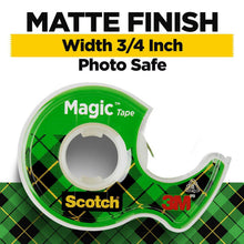 Scotch Magic Tape roll in a green plaid dispenser; 3/4-inch matte, photo-safe tape.