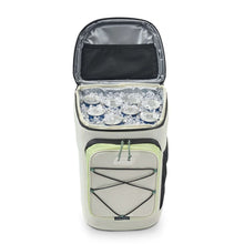 Beige soft cooler backpack open top with insulated liner, ice inside, lime trim