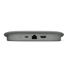 Streaming media streamer underside ports, gray box with Ethernet and HDMI openings.
