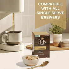 Peet's Coffee medium roast pod box next to a cup and serving items