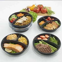 Round 3-compartment meal prep containers filled with assorted prepared meals, dark plastic