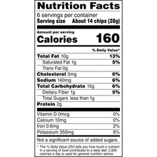 Nutrition facts panel for sea salted potato chips, showing calories and servings