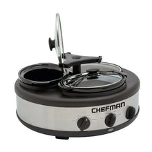 Triple slow cooker with stoneware crocks, glass lid, and lid holder