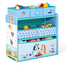Blue children's toy storage organizer with cubby shelves and character front illustration