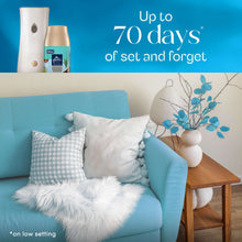 Glade plug-in fragrance device, teal refill canister, and living room setting