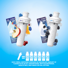 Two white flavor bottles with berry fruit cartridges and cartridge packs