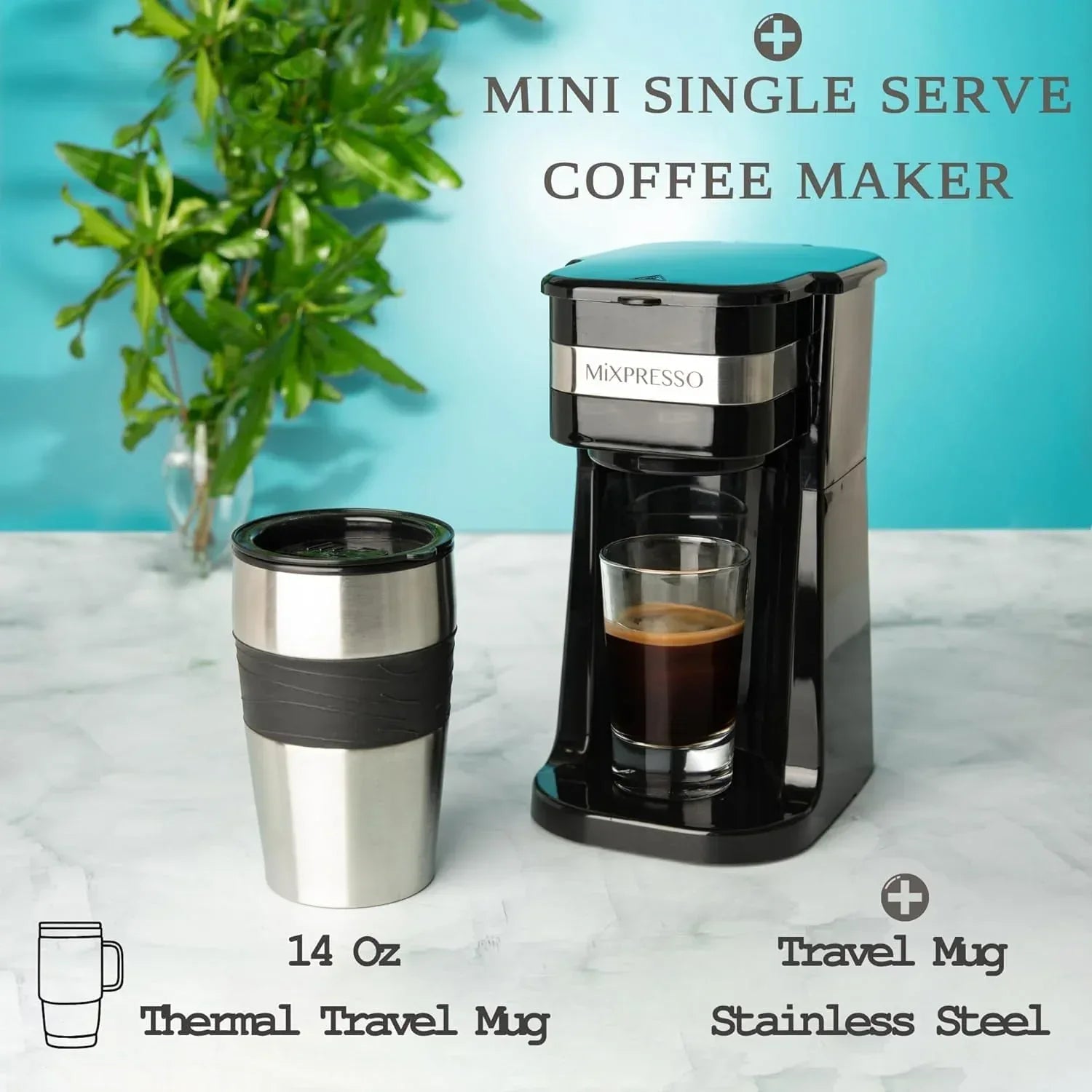 Mixpresso 1-Cup Drip Coffee Maker, Personal Single Serve Coffee Maker & 14oz Travel Mug
