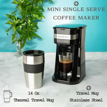 Mini single-serve coffee maker with 14 oz stainless travel mug