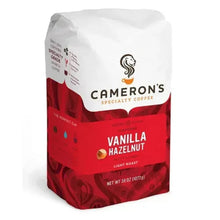 Vanilla hazelnut light roast ground coffee bag, back view, 38 oz, Cameron's