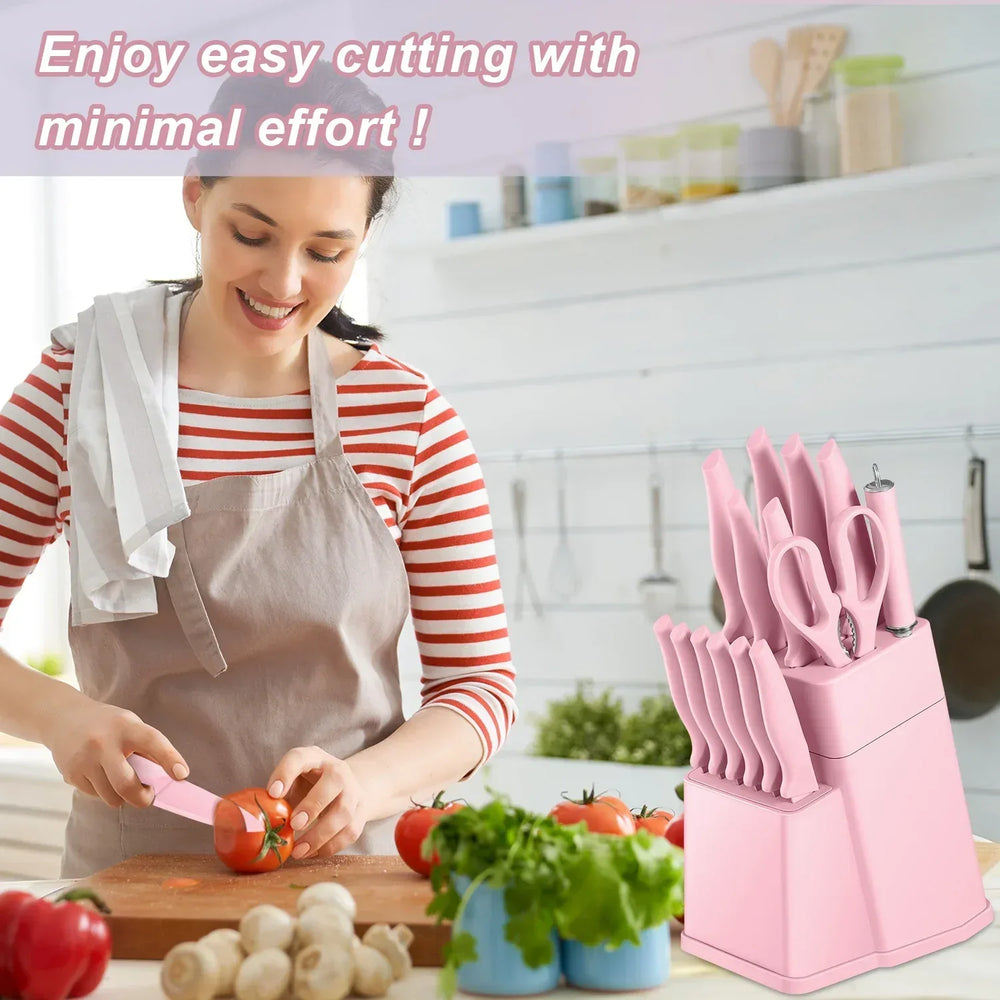 Vesteel Knife Set for Kitchen with Block, 15 Pcs High Carbon Stainless Steel Kitchen Knife Set with Self Sharpening - USA MEGA SHOP