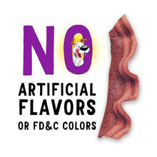 Bacon-flavored dog treat strip with badge indicating no artificial flavors or colors.