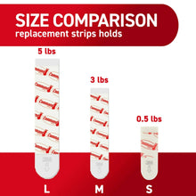 Command replacement strip weight size comparison: 5 lb L, 3 lb M, 0.5 lb S