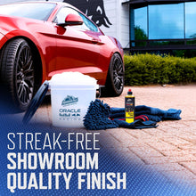 Car detailing kit with bucket, spray bottle, and microfiber cloths near a red vehicle